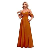 Women's Off The Shoulder Bridesmaid Dresses with Pockets Chiffon Pleated Long Formal Evening Gowns BD23