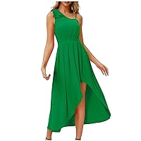 Cocktail Dresses for Women Solid One Shoulder Summer Dress Sleeveless Midi Dresses Empire Waist Split Ruffle Party Gowns(,)