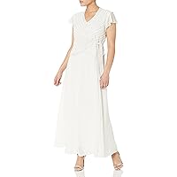 J Kara Women's Petite Faux Wrap Long Dress W/Flutter Sleeve