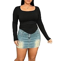 SOLY HUX Women's Plus Size T Shirt Square Neck Long Sleeve Ruched Slim Fit Tee Tops