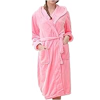 Women Hooded Flannel Lightweight Bathrobe Belted Long Sleeve Soft Robes with Pockets Winter Fleece Couples Nightgown