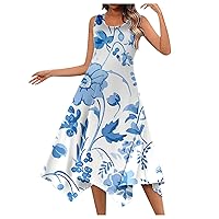 Summer Dresses for Women 2024 Trendy Boho Floral Print Crew Neck Sleeveless Sundresses Irregular Hem Maxi Dress