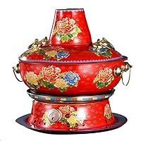Electric Carbon Dual-Purpose Pure Copper Copper Pot Household Thickened Charcoal-shabu-shabu Lamb Hot Pot Commercial Gifts (Color : Red, Size : 32cm)