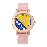 Bosnia and Herzegovina Flag Women's PU Leather Strap Watch Fashion Wristwatches Dress Watch for Home Work