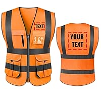Add Your Name Text on High Visibility Reflective Safety Vest Class 2 ANSI Custom Your Text Protective Workwear 5 Pockets With Reflective Strips Outdoor Work Vest(Orange L)