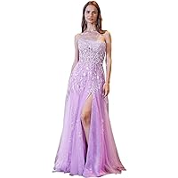 Lace Appliques Prom Dresses for Women Long Ball Gown Tulle Beaded Strapless Evening Gown