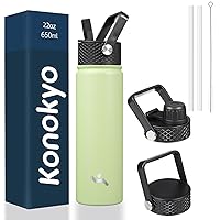 Insulated Water Bottle with Straw,22oz 3 Lids Metal Bottles Stainless Steel Water Flask,Macaron Green