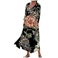 Dresses for Women 2023 Oversized Swing Graphic Print Maxi Dress Round Neck 3/4 Sleeve Casual Loose Dress with Pocket