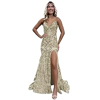 Sparkly Sequin Mermaid Prom Dresses Long Spaghetti Straps Formal Evening Gown with Slit