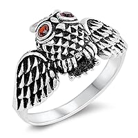 Oxidized Owl Simulated Garnet Fashion Ring New .925 Sterling Silver Band Sizes 5-12