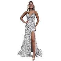 Sparkly Sequin Mermaid Prom Dresses Long Spaghetti Straps Formal Evening Gown with Slit