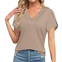 Blouses for Women Business Casual, Dressy Fashion Solid Color Retro T-Shirt V Neck Oversized Tshirts, S, XXL