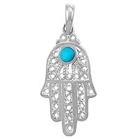 Little Treasures Jewish Charms and Pendant Necklaces - 14 ct White Gold Turquoise Filigree Hamsa Pendant Necklace (Available Chain Length 16