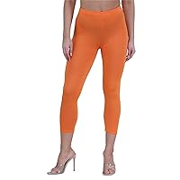 New Womens Plain Stretchy 3/4 Leggings Workout Tight Cropped Capri Active Pants Orange
