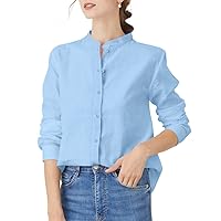 Women's Mandarin Collar Button-Down Shirts Casual Cotton Linen Long Sleeve Blouses