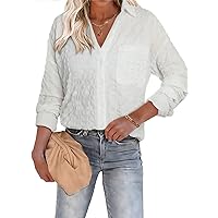 Astylish Womens Button Down Ruffle Shirt V Neck Long Sleeve Textured Blouse Tops