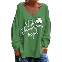 St Patricks Day Shirt Women V Neck Irish Clover Shamrock Print Shirts Funny Long Sleeve St Patty Day Outfit