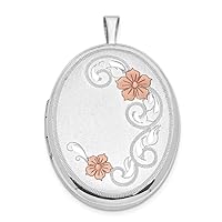 925 Sterling Silver Engravable 26mm Brushed and Polished Enameled Flowered Sparkle Cut Oval Photo Locket Pendant Necklace Jewelry for Women