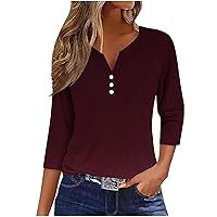 Womens Fashion 3/4 Length Sleeve Tops Casual V Neck Button Up Summer Shirts Loose Fit Dressy Three Quarter Sleeve Blouses