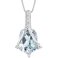 PEORA Aquamarine and Diamond Pendant for Women 14K White Gold, Genuine Gemstone Birthstone, 1.63 Carats Cushion Cut 9x7mm, with 18 inch Chain