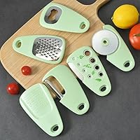 Kitchen Gadgets Set of 6 - Cheese Grater, Pizza Cutter, Bottle Opener, Vegetable Peeler, Garlic Mincer, Herb Stripper