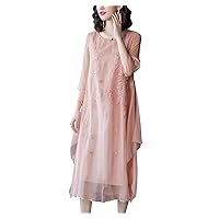 Women's Vintage Elegant Silk Embroidered Dresses Summer Ethnic Style Casual Loose Cocktail Party Prom Long Dress