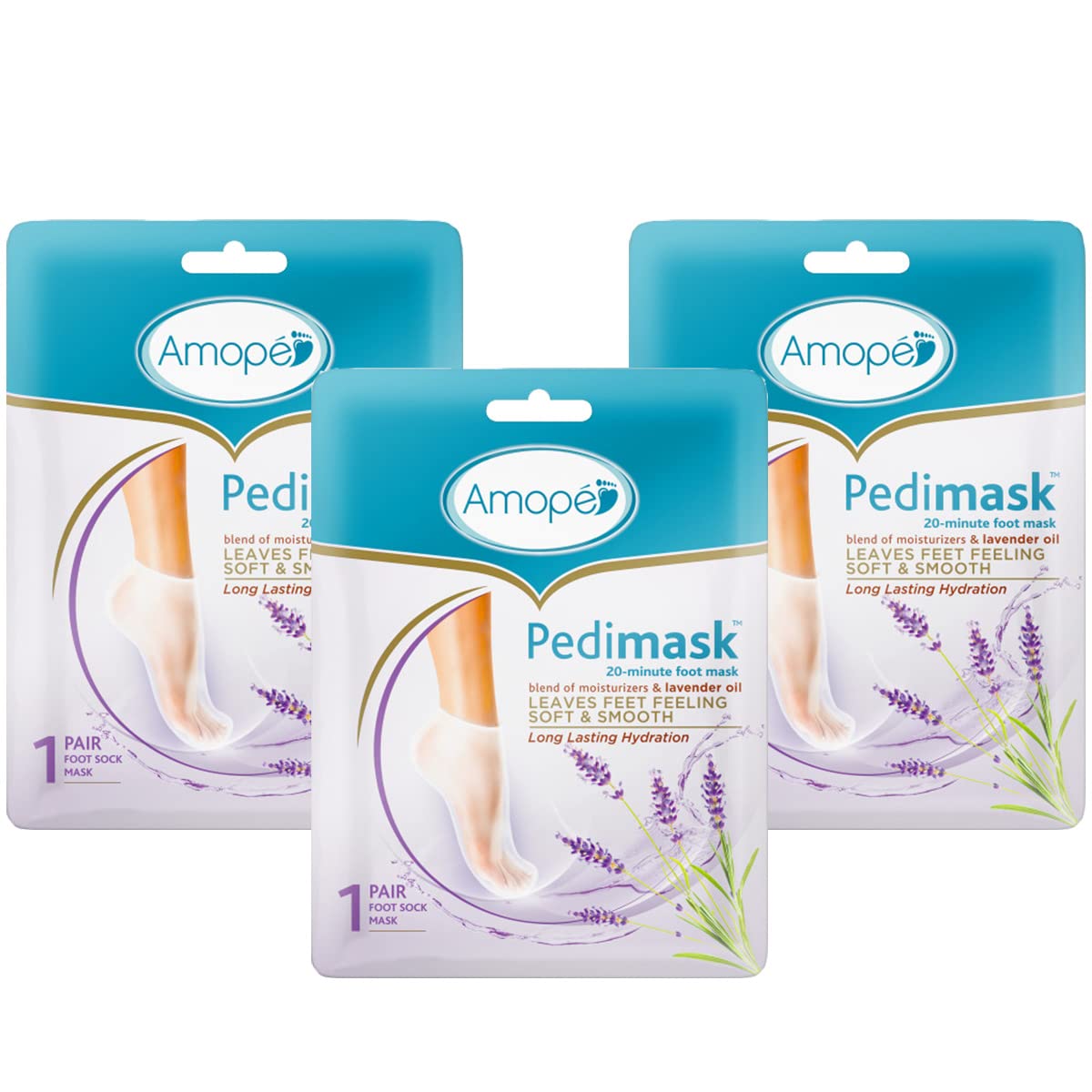 Amope Pedimask Foot Sock Mask (1 Pair), Blend of Moisturizers Lavender Oil Essence (Pack of 3)