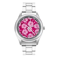 Pink Hibiscus Pattern Fashion Wrist Watch Arabic Numerals Stainless Steel Quartz Watch Easy to Read