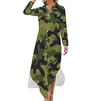 Camouflage Army Green Women's Shirt Dress Long Sleeve Button Down Long Maxi Dress Casual Blouse Dresses