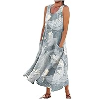 Maxi Dress for Women Cotton Linen Floral Print Casual Long Dress Flowy Sleeveless Round Neck Dresses with Pockets