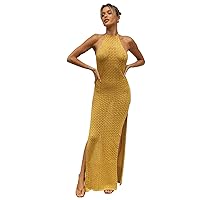 2021 Summer New Women's Dress Halter Skirt Hook Cut Out Sexy Backless Slit Dress (Yellow,S)