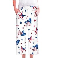 4th of July Capri Pants Women Comfy Loungewear Pants Funny Stars Stripe Love Heart Print Baggy Trousers with Pockets