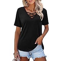 Womens Tops Short Sleeve V Neck Shirts Loose Casual Blouses Summer Tees Criss Cross