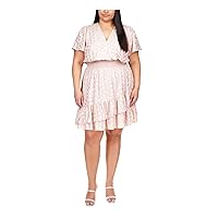 Michael Kors Womens Pink Smocked Ruffled Sheer Unlined Printed Short Sleeve Surplice Neckline Above The Knee Fit + Flare Dress Plus 3X