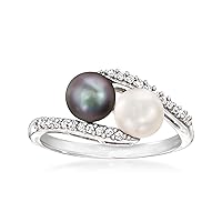 Ross-Simons 6-6.5mm Black and White Cultured Button Pearl and .13 ct. t.w. Diamond Bypass Ring in Sterling Silver