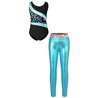 YiZYiF Kids Girls Gymnastic Outfit Sleeveless Round Neck Leotard with Metallic Pants Yoga Workout Jumpsuit Suit