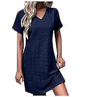 Womens Summer Tshirt Dress 2023 Casual V Neck Rolled Short Sleeve T Shirt Dress Loose Flowy A Line Swing Dress Sundress