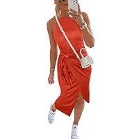 NOLLSOM Women Casual Sleeveless Striped Tank Midi Dresses Halter Neck Ruched Bodycon Dresses Tie Waist T Shirt Summer Dress