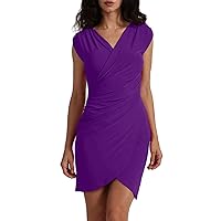 Womens Basic Front Wrapped Deep V Neck Ruched Dress Made in USA