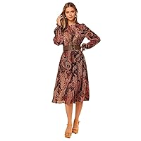 Womens Fall Fashion 2022 Tie Neck Flounce Sleeve Paisley Print Dress Without Belt (Color : Multicolor, Size : Large)