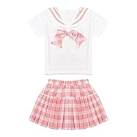 iiniim Baby Kids Girls Anime Cosplay Costume Rabbit Ears Shirt & Tartan Pleated Skirt Set Japanese School Uniform