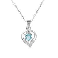 Sterling Silver Heart Solitaire Crystal Necklace, March Aqua Blue