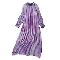 Spring/Summer Women's Dress,Long Purple Mulberry Silk Dress with Stand Collar