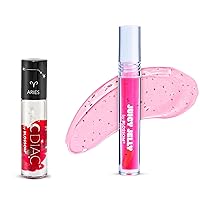 Blossom Juicy Jelly Moisturizing Lip Care Fruit Flavored Nourishing Lip Oil + Zodiac Sign Vanilla Scented Roll On Lip Gloss with Crystals, 2 Pack Bundle, Strawberry/Aries