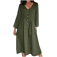 Women's Casual V Neck Button Down Cotton Linen Dress Long Sleeve Midi Length Loose Summer Beach Dresses with Pockets