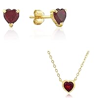 MAX + STONE 14k Yellow Gold Created Red Ruby Heart Shape Stud Earrings and Necklace Set for Women | 5mm July Birthstone Earrings with Push Backs | 5mm Gold Bezel Heart Pendant Necklace