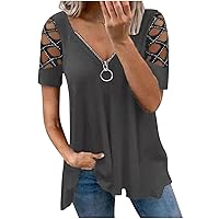 Womens Loose Fit Long Tops Vneck Blouses for Women Eyelet Short Sleeve Plain Fall Summer Shirts 2024 Trendy Y2K