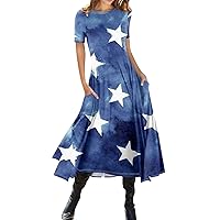 American Flag Dress Women Fashion Casual Printed Round Neck Pullover Slim Fitting Short Sleeve Dress