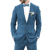 Mens Linen Suit 2 Piece Slim Fit Wedding Suit for Men Groosmen Prom Linen Jacket Pant Set