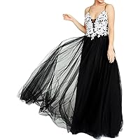 Blondie Nites Womens Black Embellished Zippered Mesh Floral-Applique Gown Spaghetti Strap V Neck Full-Length Prom Dress Juniors 1